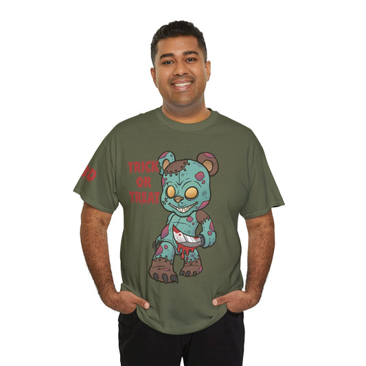 Halloween Unisex Tee with Stitched Zombie Bear Trick or Treat Design