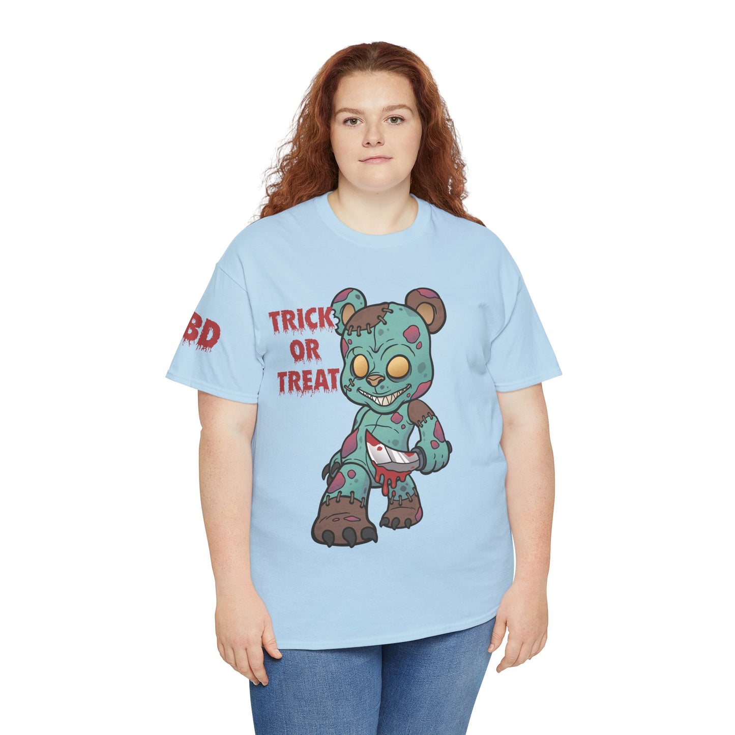 Halloween Unisex Tee with Stitched Zombie Bear Trick or Treat Design